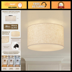 13″ Semi Flush Mount Ceiling Light, 3-Light Drum Fixture, Linen Shade, Modern Ho