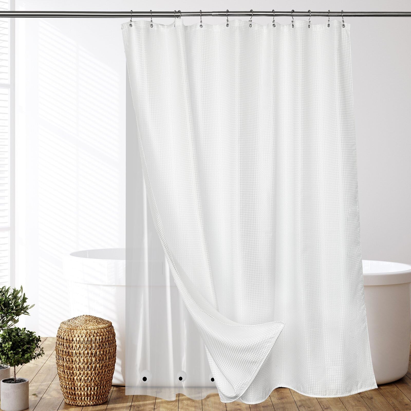 White 3 In 1 Long Waffle Shower Curtain PEVA Clear Liner 12 Hooks 72x74 Inch gallery