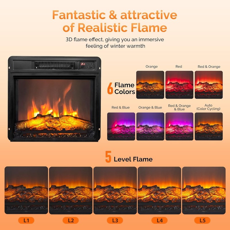 18 inch Electric Fireplace,6 Flame Modes Heater Insert with Remote Control 1400W gallery