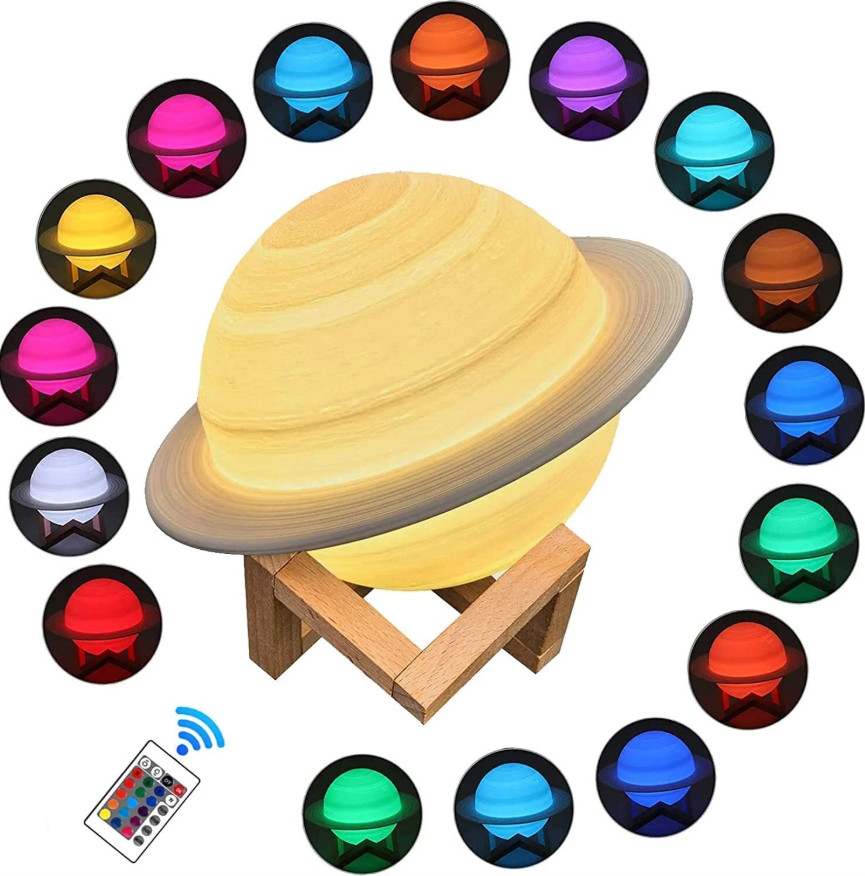 Saturn Lamp 8.6" LED 3D Moon Light with Wood Stand, Touch Control, USB, Lot of 2 gallery