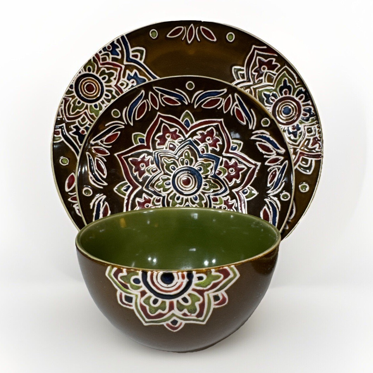 Pier 1 Imports Dishes Setting For 2 Global Medallion Brown Bowl & Plates Set 90s gallery