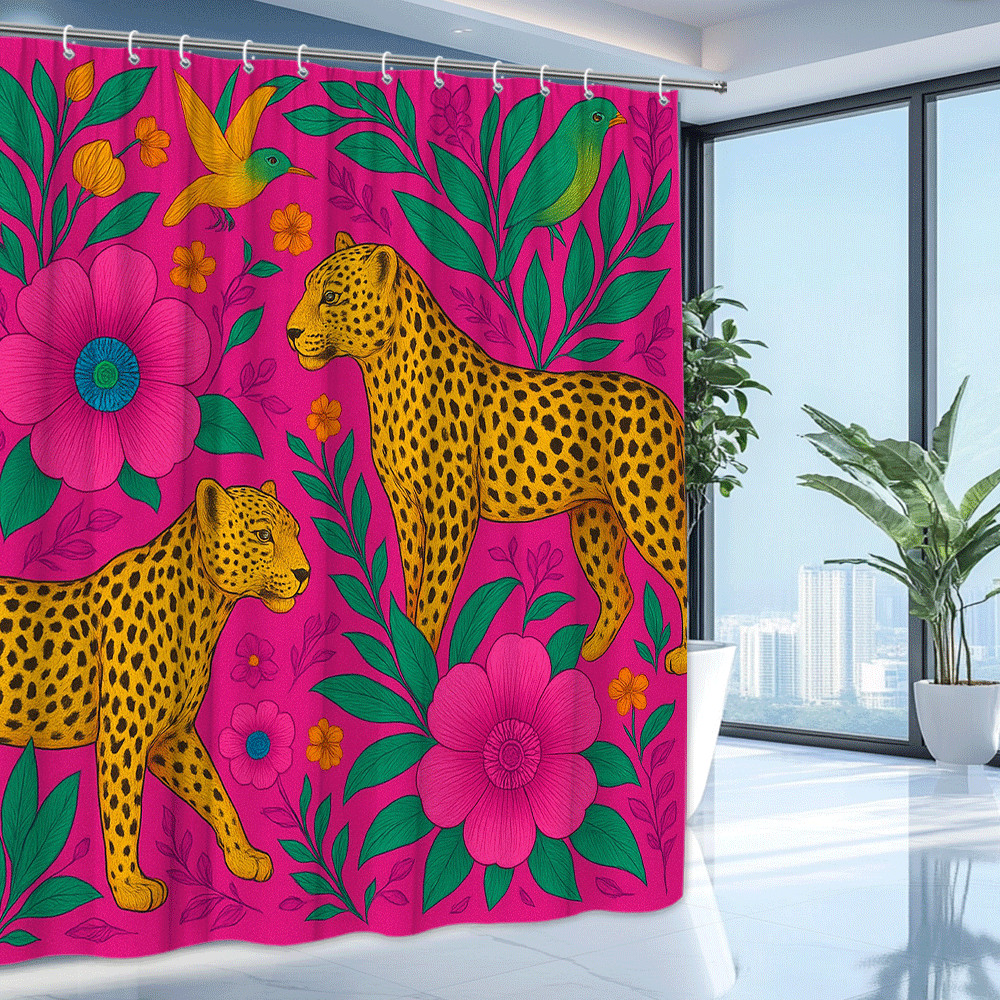 Vibrant Pink Leopard Floral Shower Curtain - Colorful Bathroom Decor gallery
