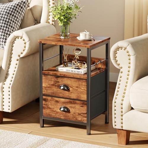 Nightstand with 2 Fabric Drawers, Night Stand with 2-Tier Rustic Brown 1pc gallery