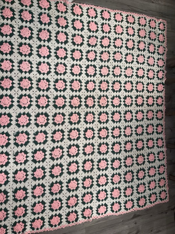 Handmade Crocheted Granny Square 3D Rose Floral Afghan Blanket 79”X72” & Pillow gallery