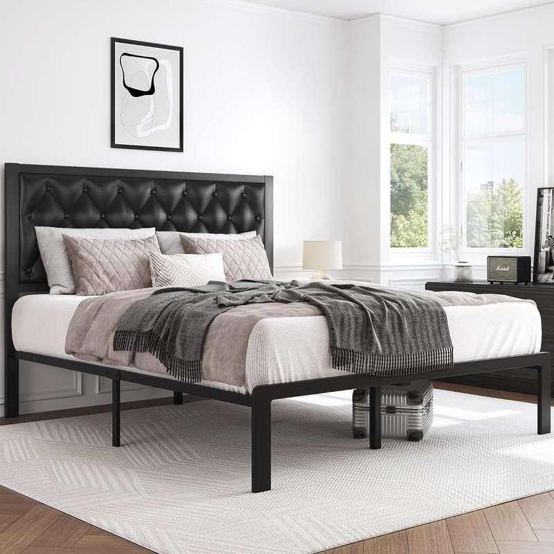 Queen Bed Frame Upholstered Button Tufted Headboard Platform Metal Slats Support gallery