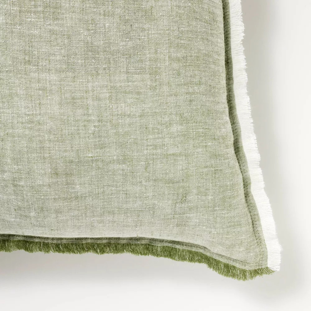 Oversized Reversible Linen Square Throw Pillow with Frayed Edges Green gallery