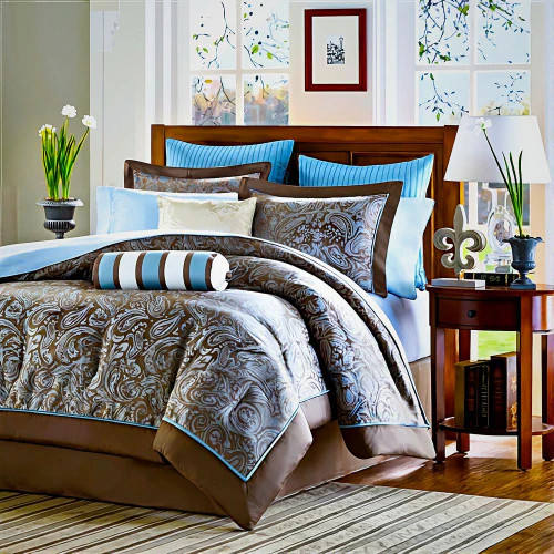 California King 12-piece Reversible Cotton Comforter Set in Brown and Blue gallery