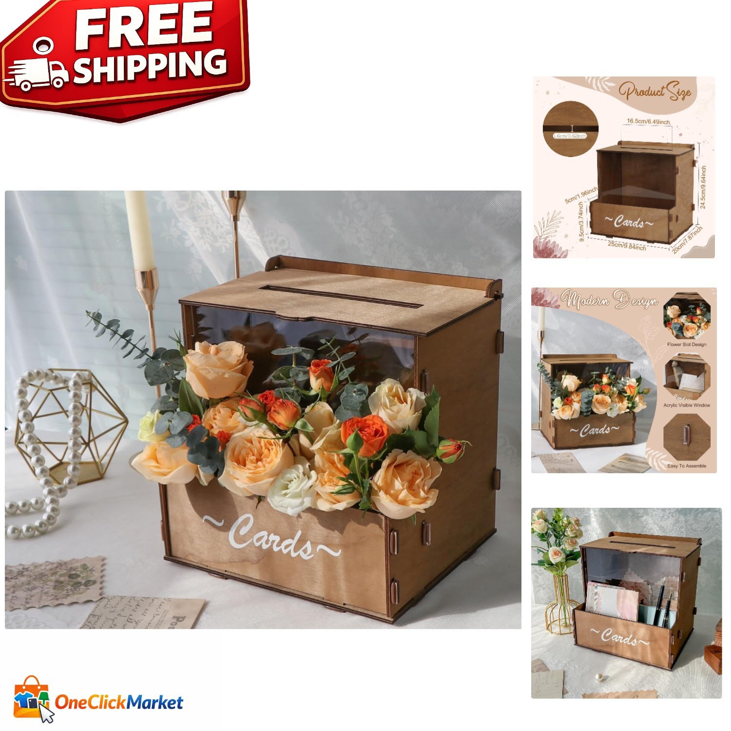 Large Capacity Brown Wedding Card Box with Removable Compartment & Flower Trough gallery