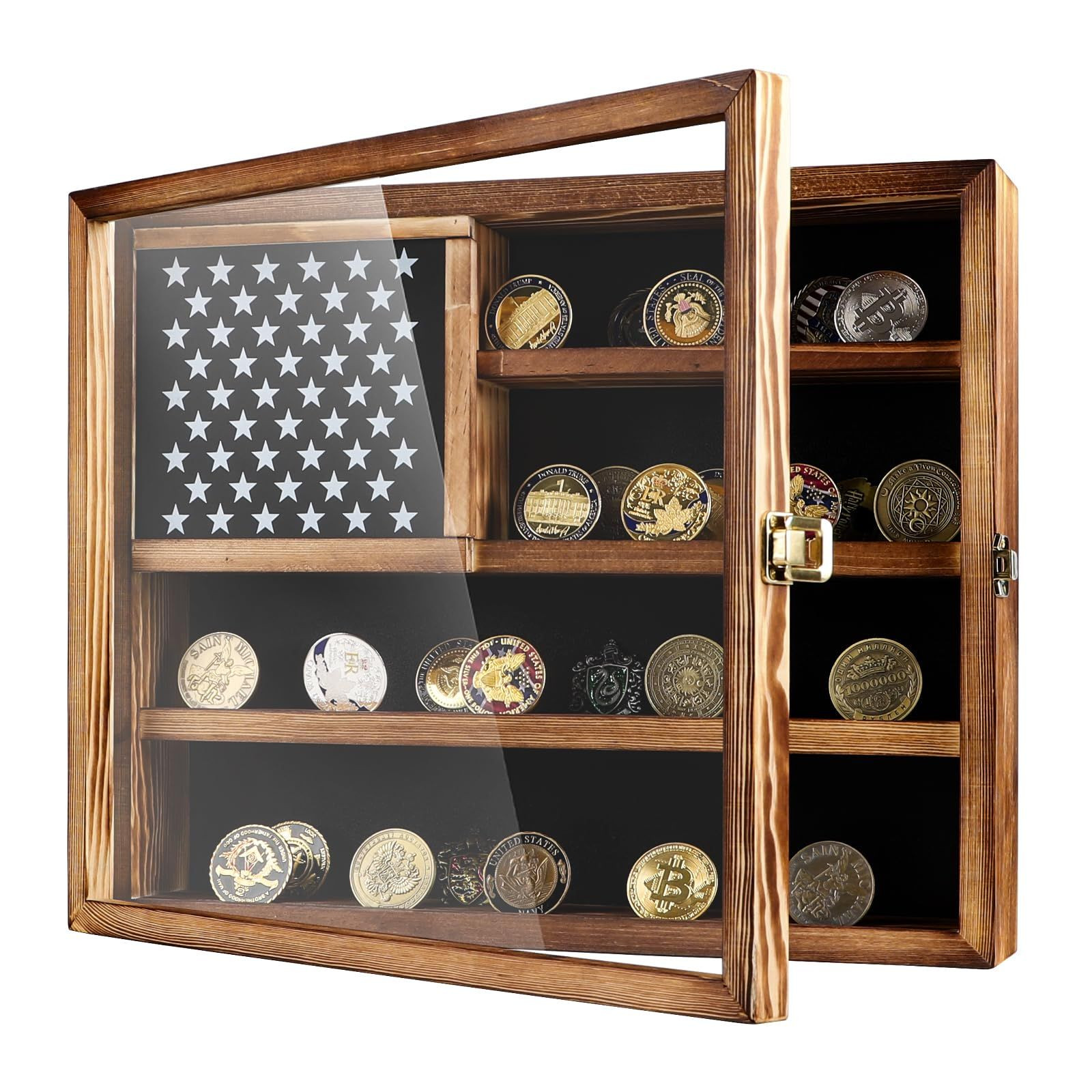 Challenge Coin Display Case, Lockable Military Holder Natural Wood Color gallery