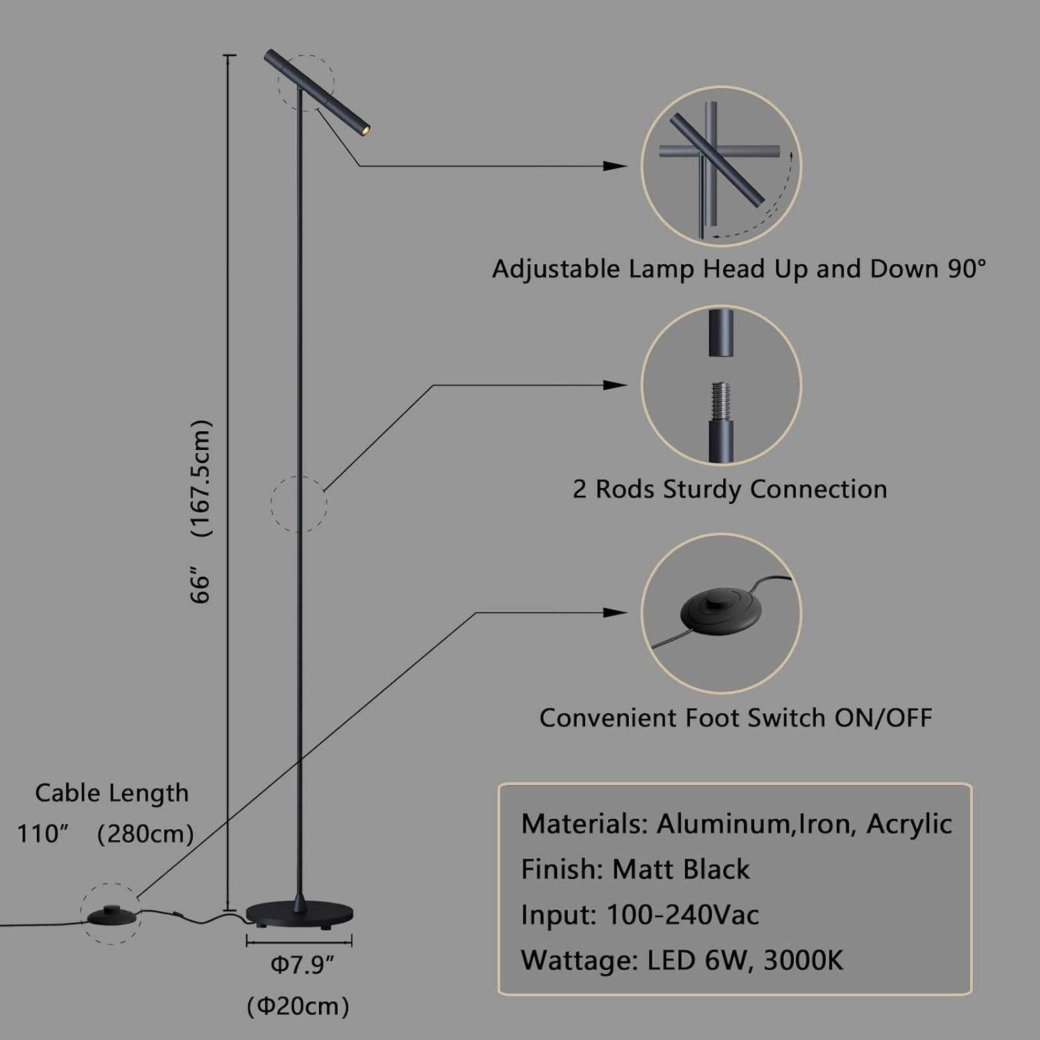 Modern 66" LED Floor Lamp with Adjustable Head & Foot Switch for Home & Office gallery