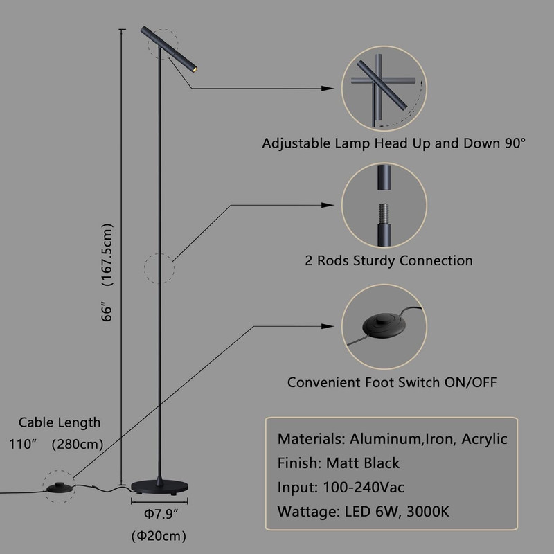 Modern 66" LED Floor Lamp with Adjustable Head & Foot Switch for Home & Office gallery