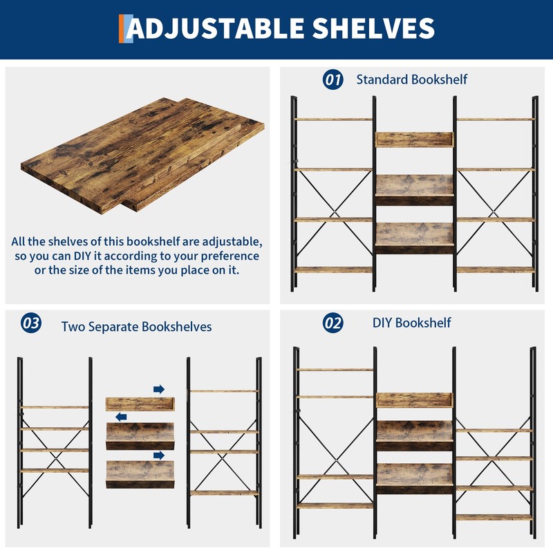 4 Tier Industrial Bookcase Adjustable MDF Shelves Metal Frame 100 Lbs Anti Tip gallery