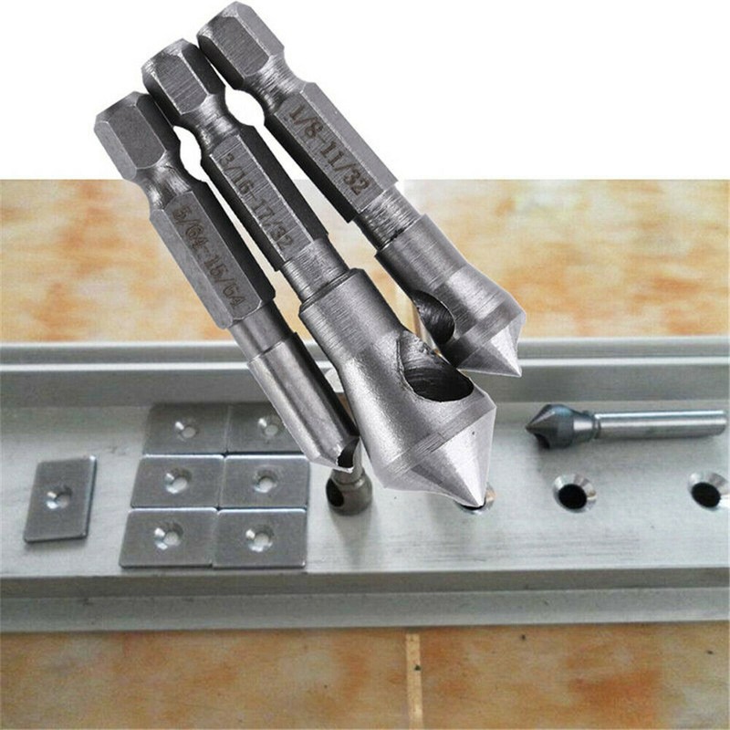 3Pcs Chamfer Countersink Deburring Drill Bits Set Kit Cutting Metal Wood Tool gallery