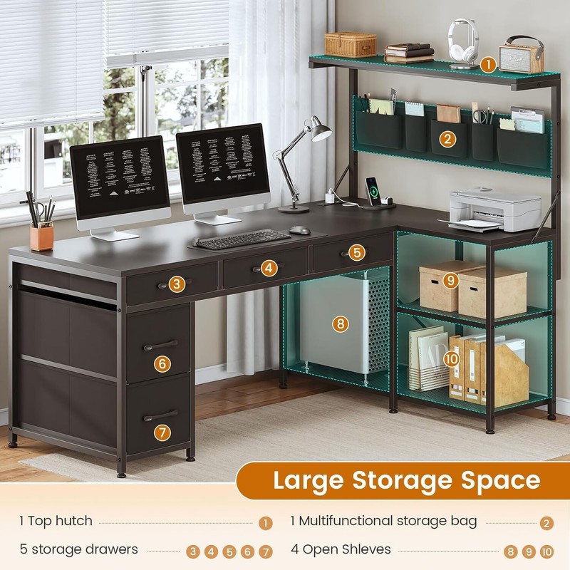 Corner Computer Desk, Reversible L Shaped office Desk with 5 Drawers &LED Lights gallery