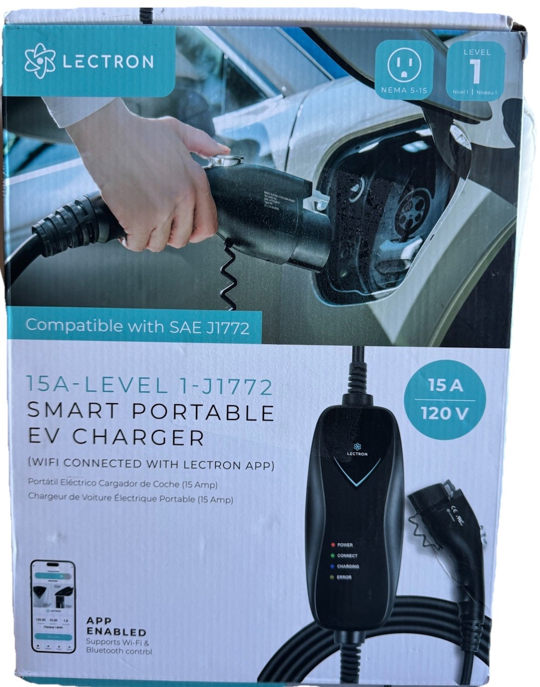 Lectron Level 1 EV Charger - ETL Certified, 110V, 15 Amp, 16 ft Extension 120V gallery