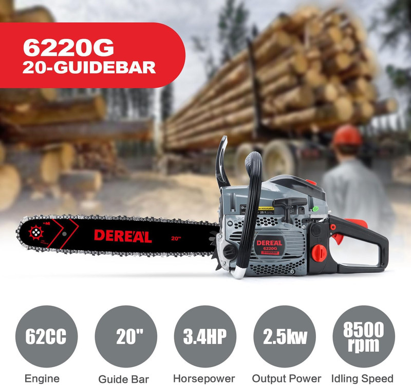 62CC Gas Chainsaw 20" - 3.4HP 2-Stroke Engine for Wood Cutting & Gardening gallery