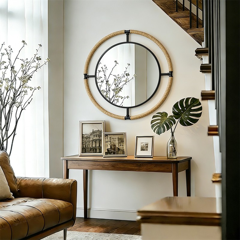 Large Nautical Round Wall Hanging Mirror Rope Coastal Decorative Mirror Entryway gallery