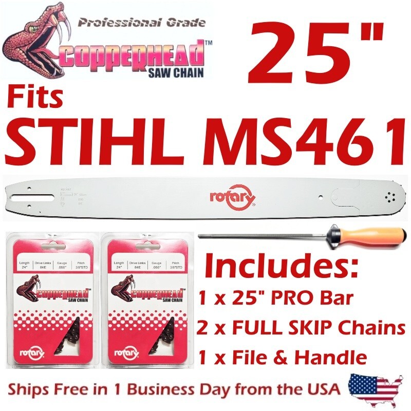 COPPERHEAD 25" Bar, (2) FULL SKIP PRO Chains, File fits STIHL MS461 / 33RSF-84 gallery