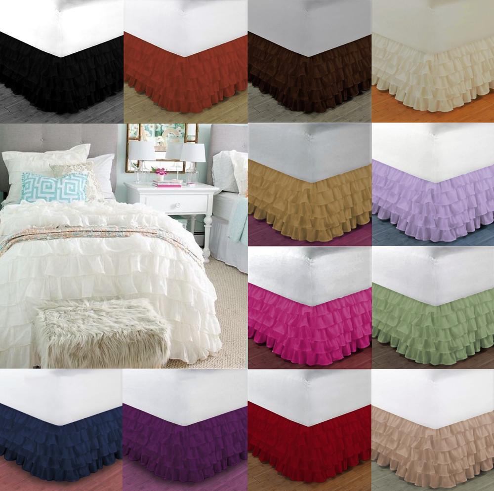 NEW 1PC SOLID PLAIN BED DRESSING RUFFLE SKIRT 20" INCH DROP 5 LAYERED IN 4 SIZES