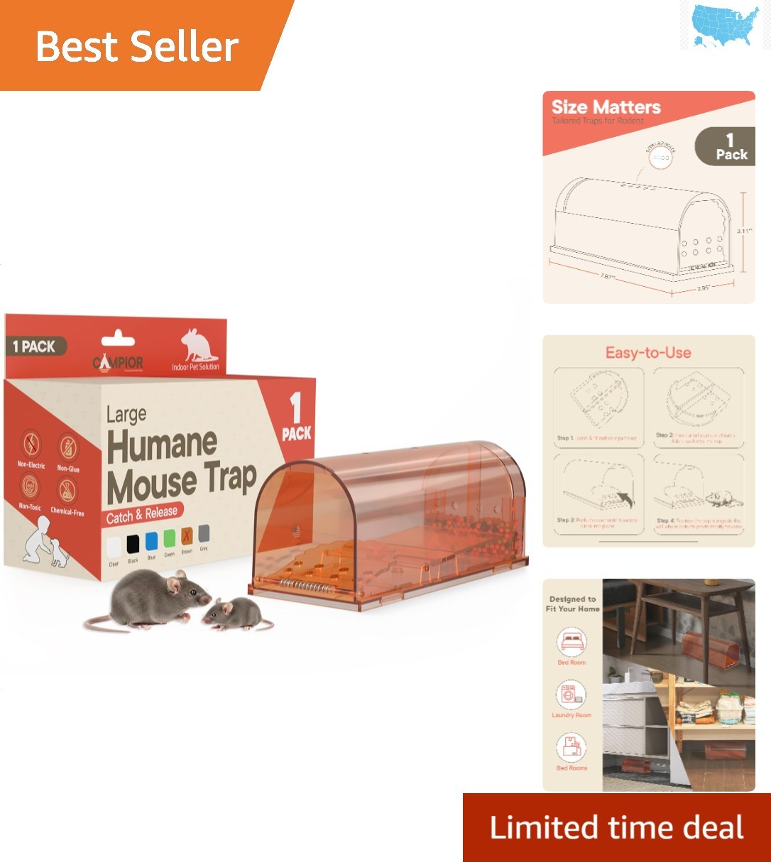 Child and Pet Safe Live Mouse Trap - Reusable, Spring-Loaded Design, Brown gallery
