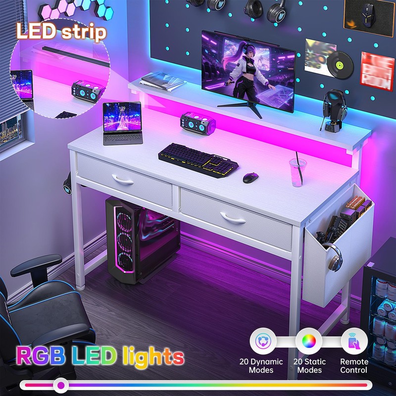 Small 32 Inch White Computer Desk with 2 Drawers LED Lights And Monitor Stand gallery