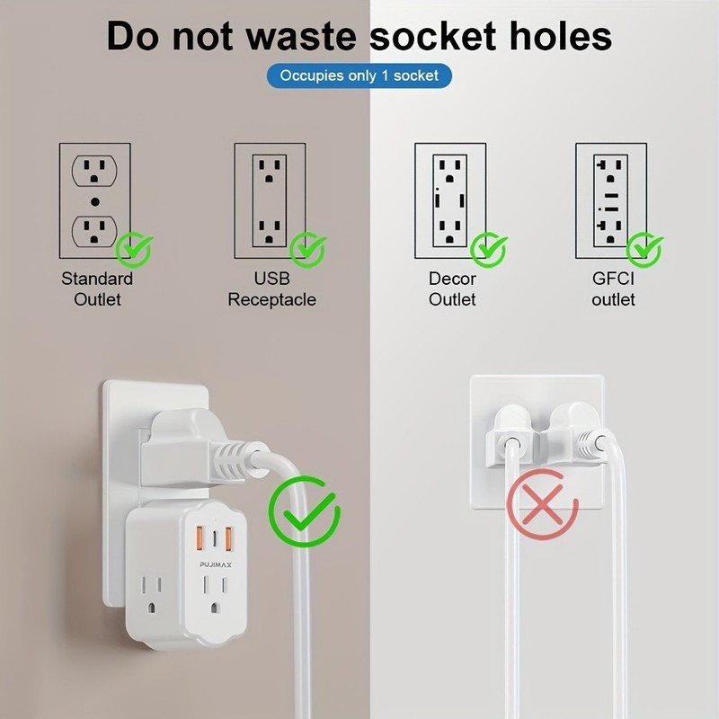 Multi Functional Wall Socket With 2 USB Ports, 1 Type-C Port, And 3 AC Plug Port gallery