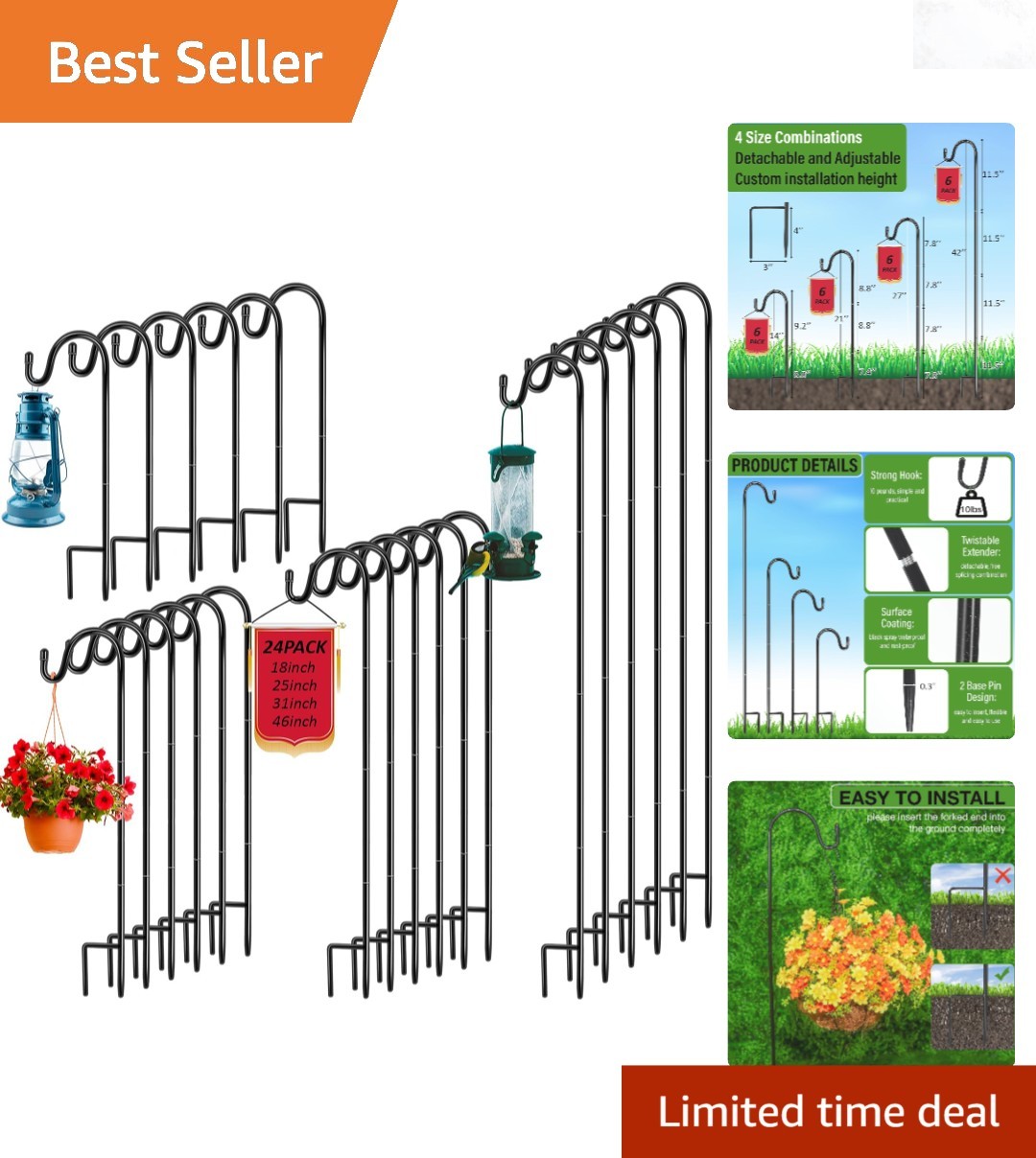 24 Pack Garden Shepherd Hooks 18-46 Inch Adjustable Iron Hooks for Plants Lights gallery
