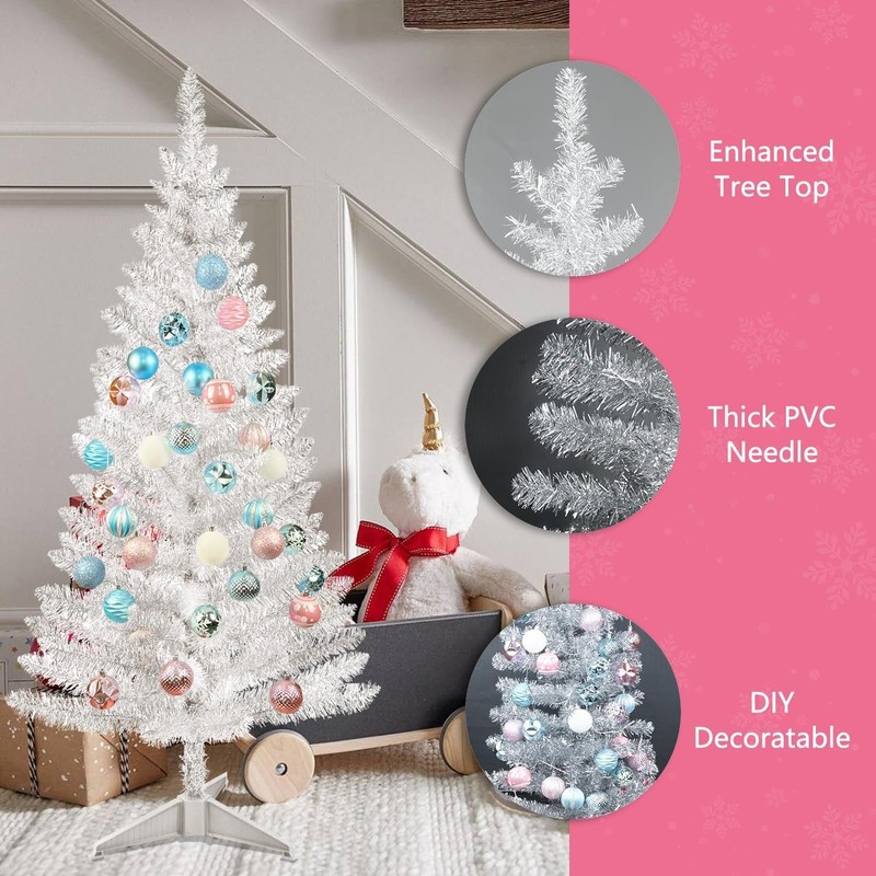 4FT Small Artificial Christmas Tree Silver Sequin Leave Vintage Style PartyDecor gallery