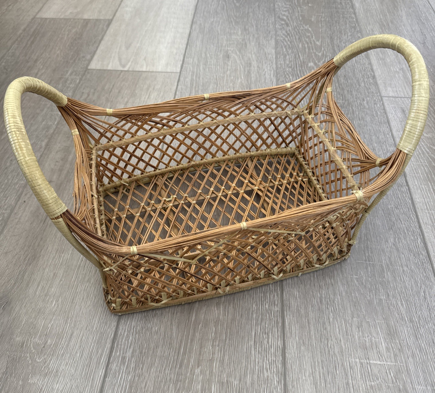 MCM Rectangle Rattan Wicker Cane Basket Oval Handles Tan Natural Decor Boho gallery