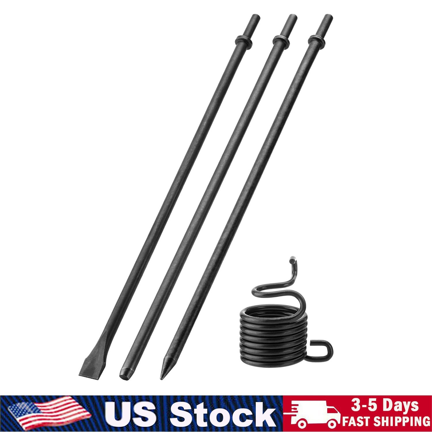3X 18'' Long Air Hammer Bit Set, 1/8 in & 3/8 in & 3/4 in Point & Flat w/ Spring gallery