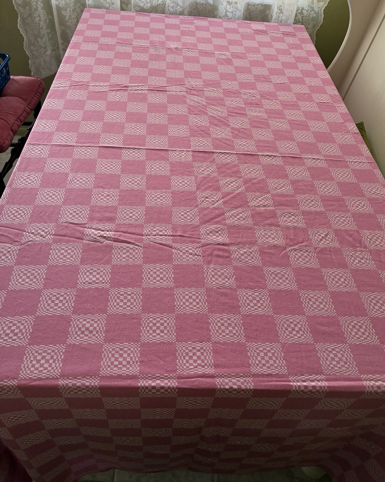 So Cute!!! 62” By 94” Pink Checked Tablecloth Made In Hungary gallery