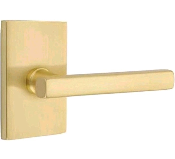 Modern Rectangular Rosette Privacy Set Freestone Lever Satin Brass 5212FRLLHUS4 gallery