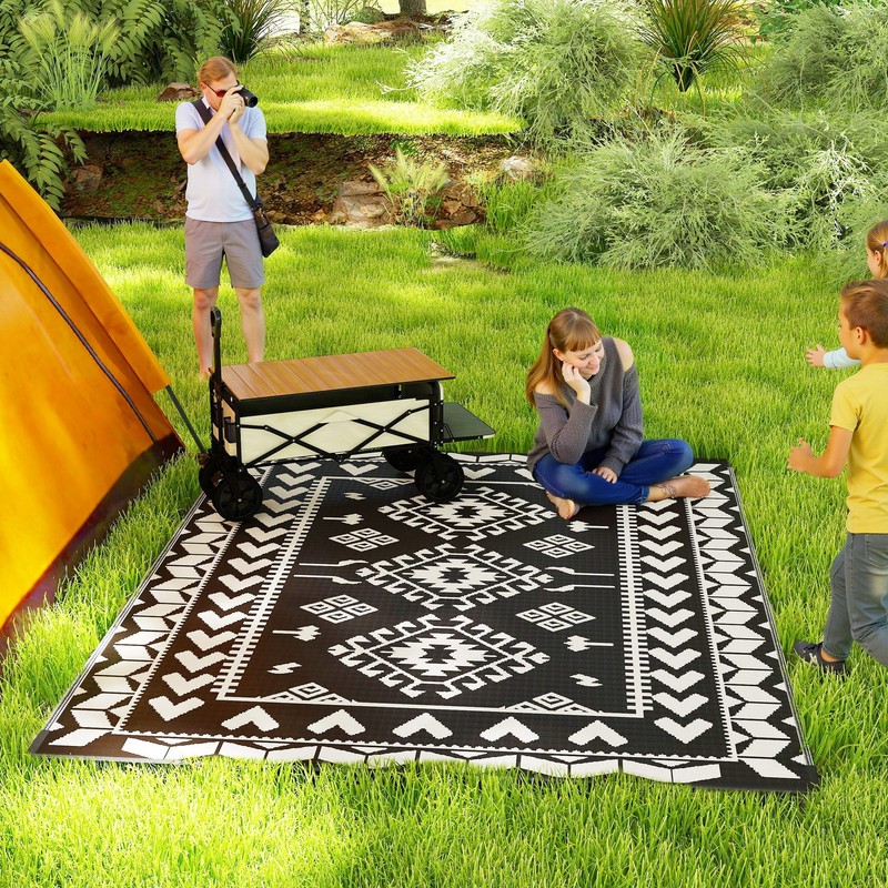 Black White Rhombus Patchwork Outsunny Outdoor Rug, 8' x 10' Floor Mat gallery