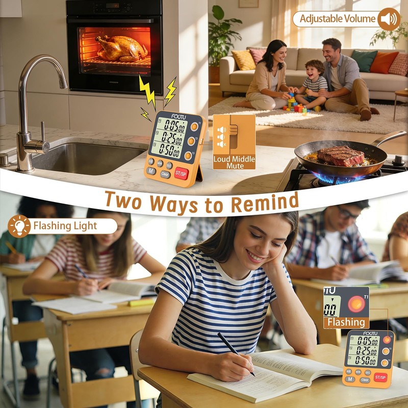 FCXJTU Digital Dual Triple Kitchen Timer, 3-Channel Orange gallery