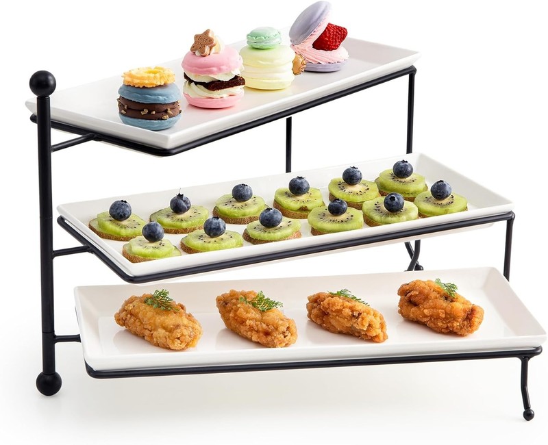 3 Tiered Serving Stand, Foldable Rectangular Food Display Stand with White Po... gallery