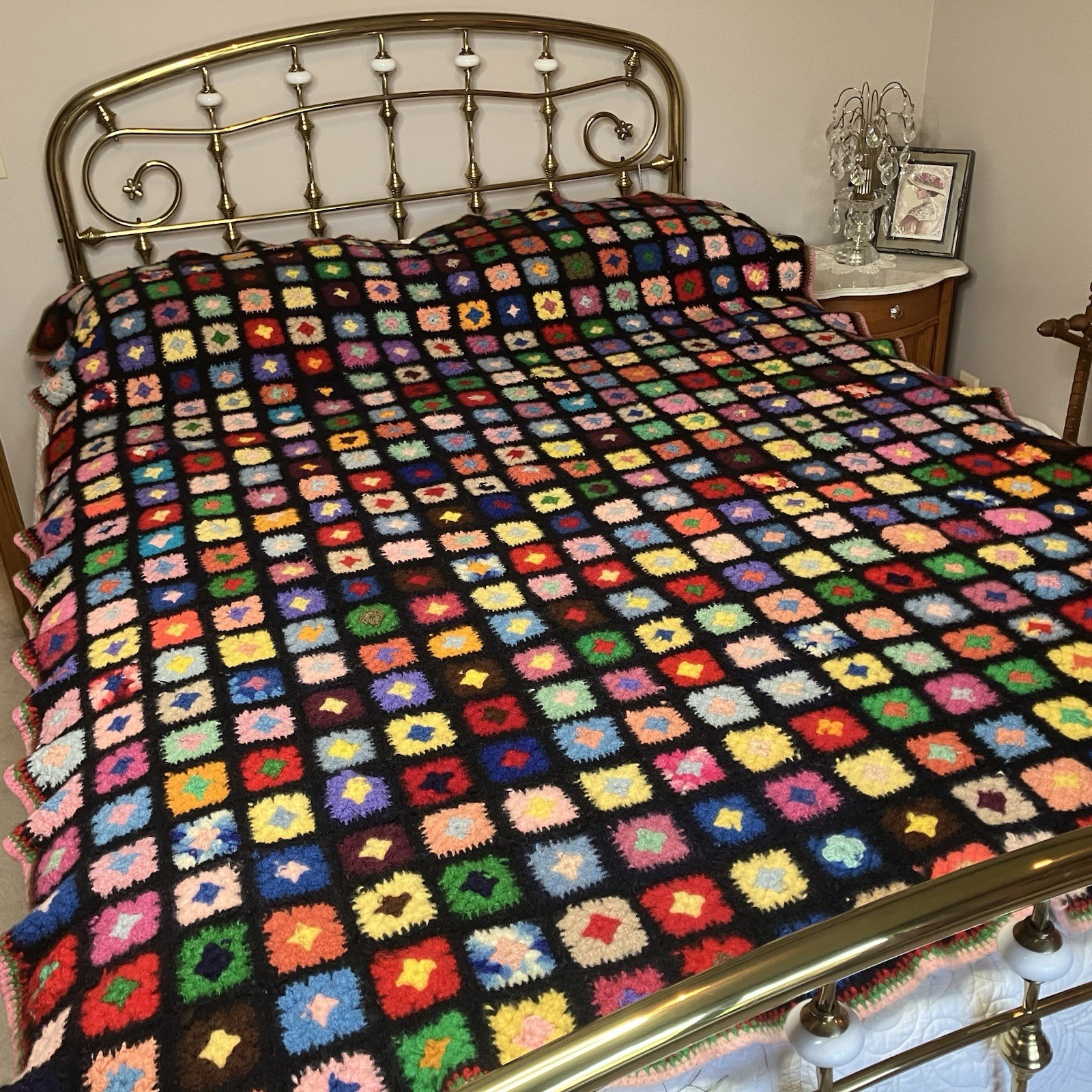 Vtg Granny Square Handmade Crochet Wool Afghan 61x78 Multicolor Black Roseanne gallery