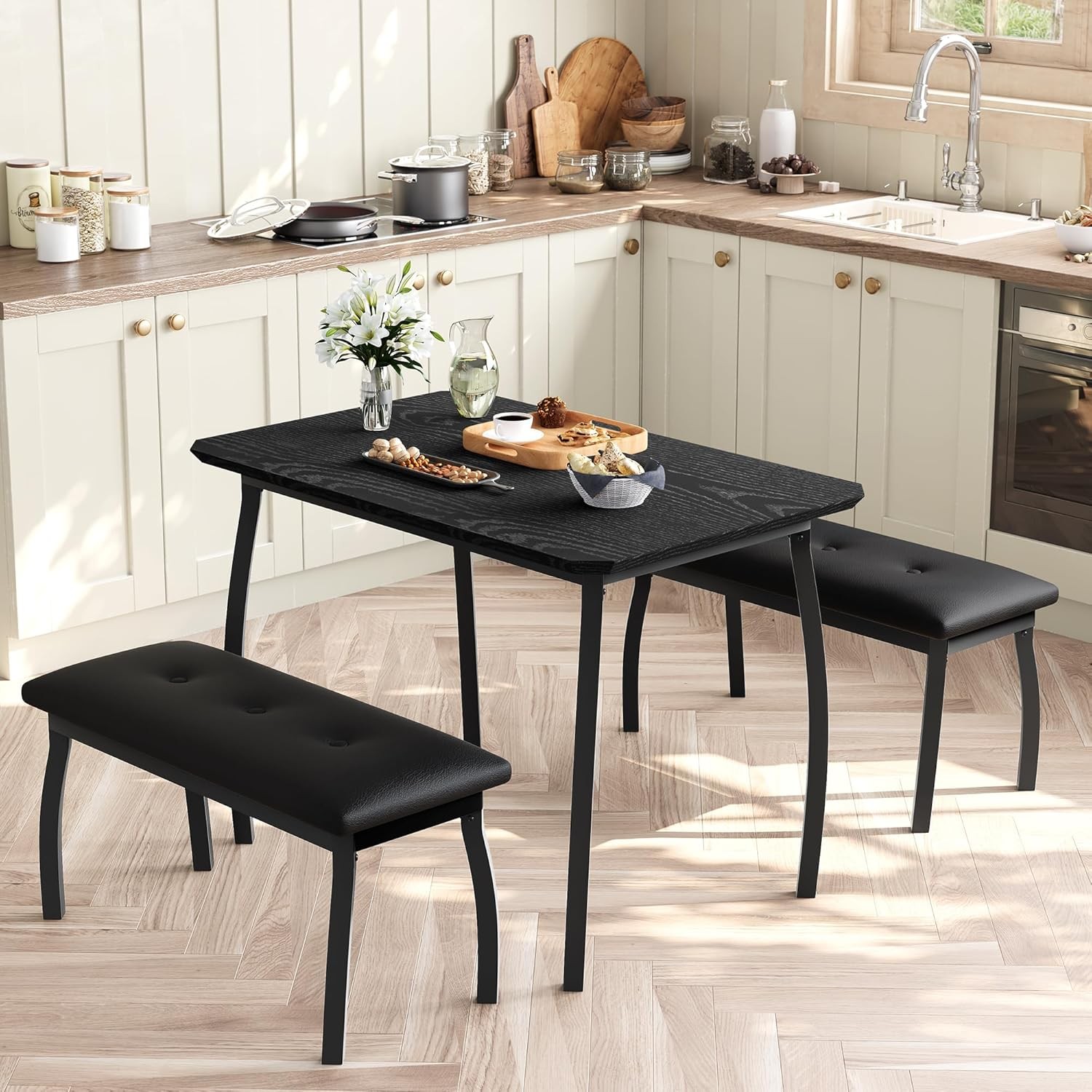3 Pcs Dining Table Set with 2 Bench, Space Saving Kitchen Dining Room Furniture gallery