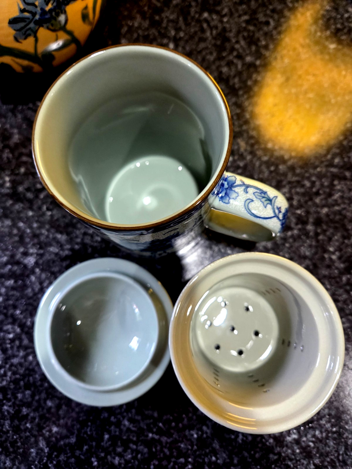 Three-piece Asian Ceramic Tea Cup Mug with Handle Lid Infuser 5.5" Celedon Green gallery