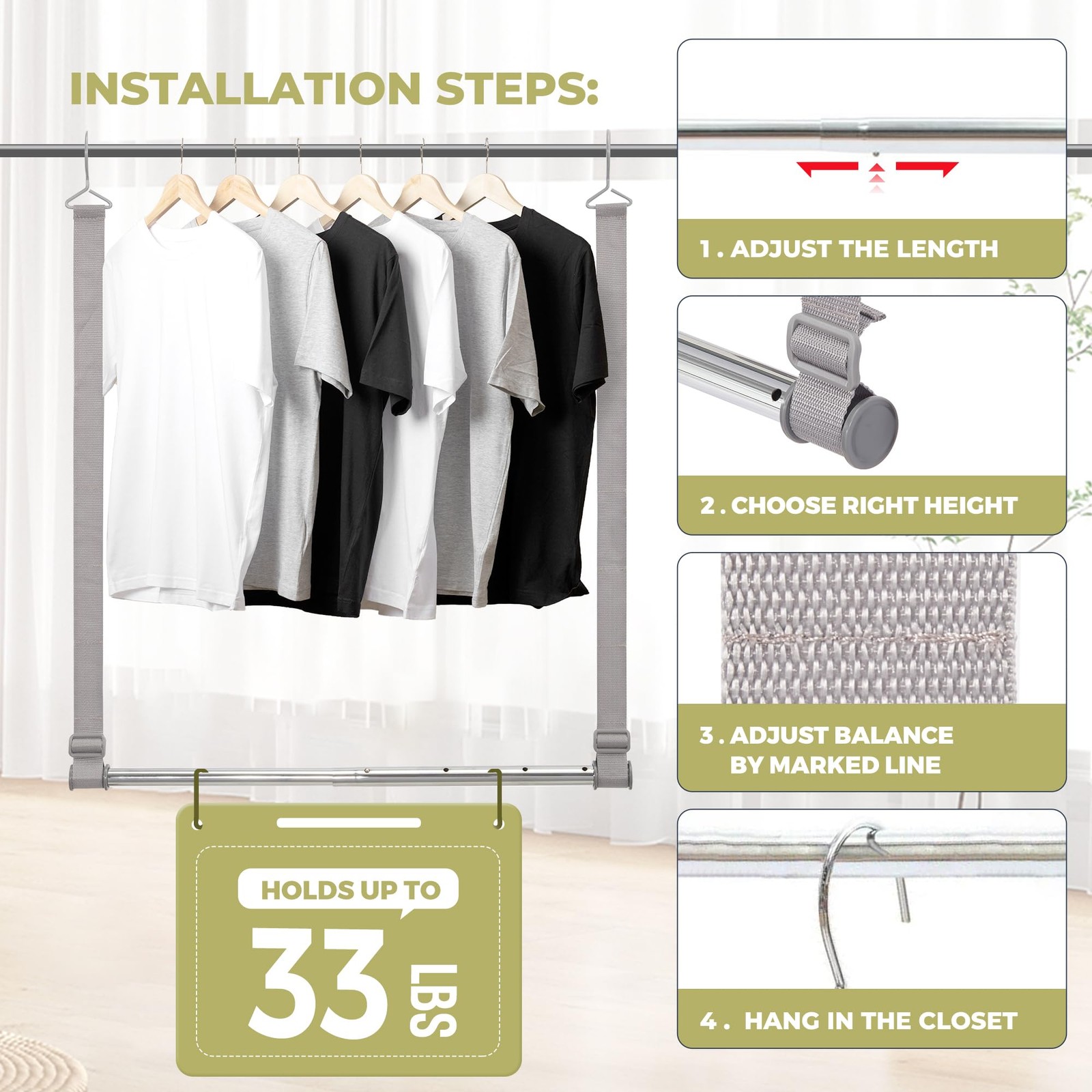 Hanging Closet Rod, 17-28In Adjustable Width and Up to 32In Height Adjustable... gallery