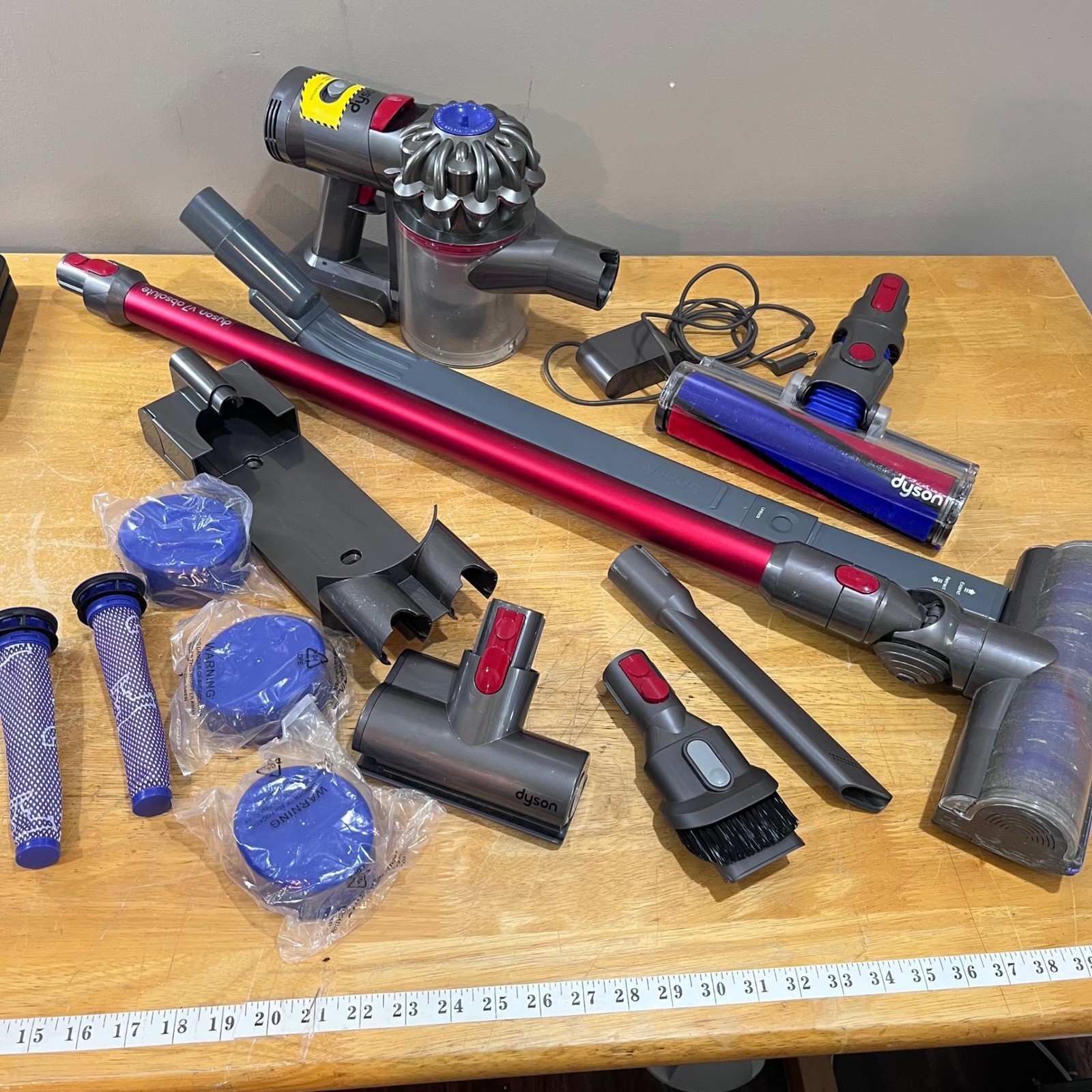 Dyson V7 Absolute Cordless Stick Vacuum Red Gray with Attachments Tested gallery