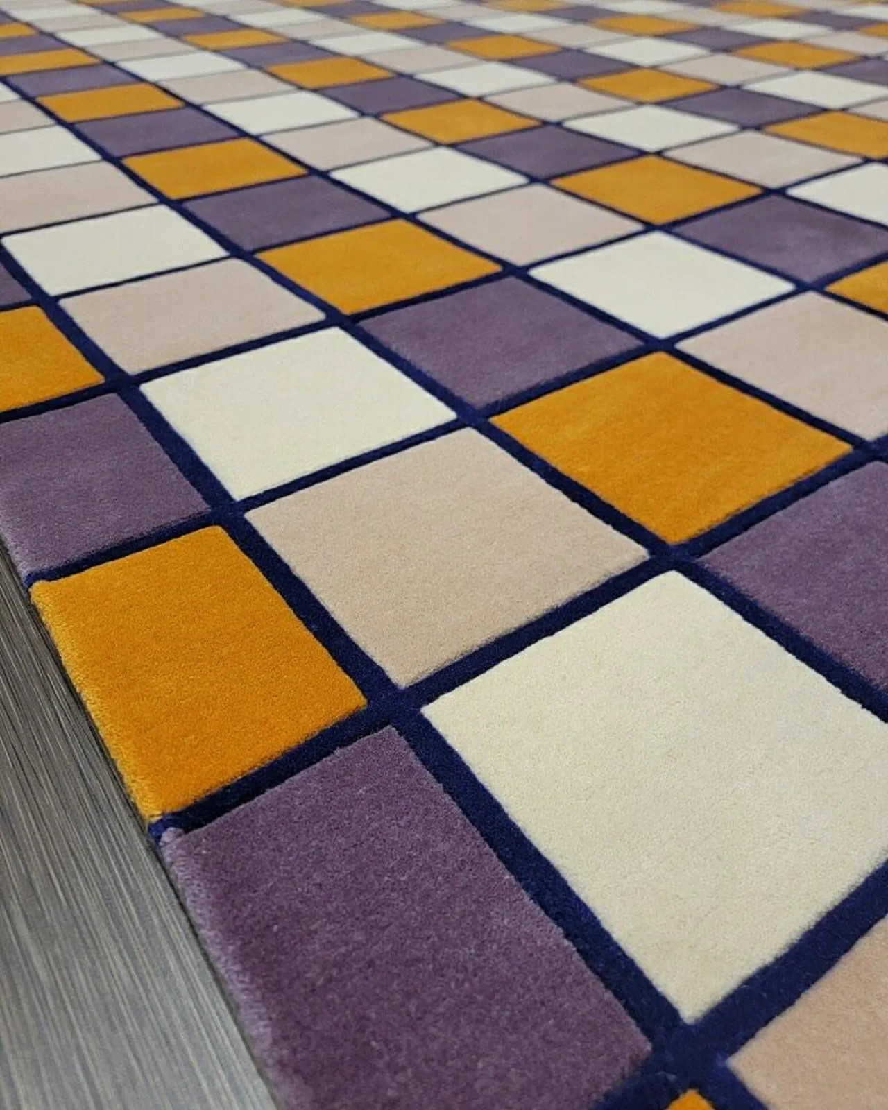 Hand Tufted NZ Wool Rug – Modern Checkerboard Geometric Carpet | Mustard, Beige gallery