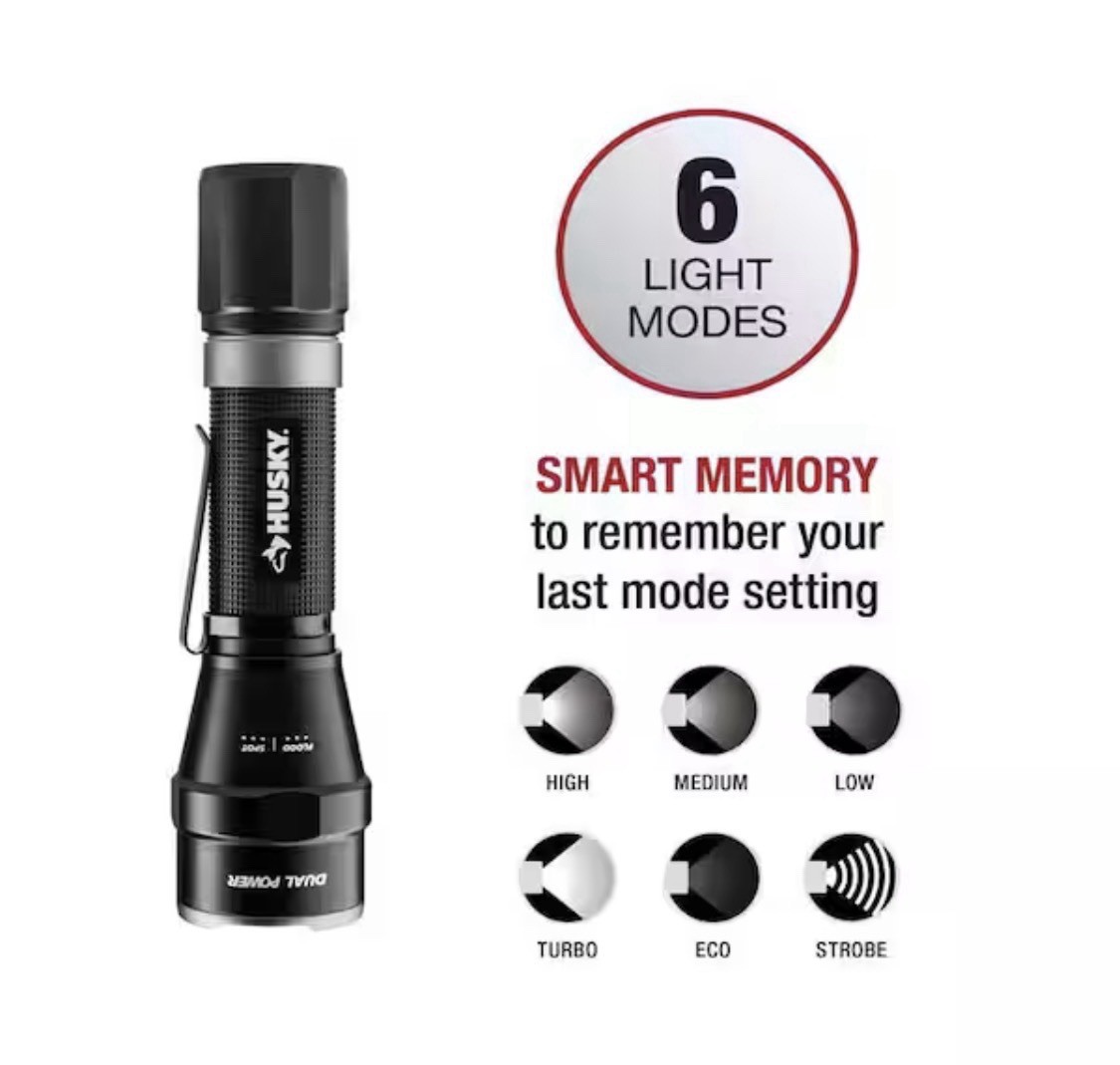 Husky Rechargeable LED Flashlight 1800 Lumens Dual Power Adjustable Focus 80m gallery