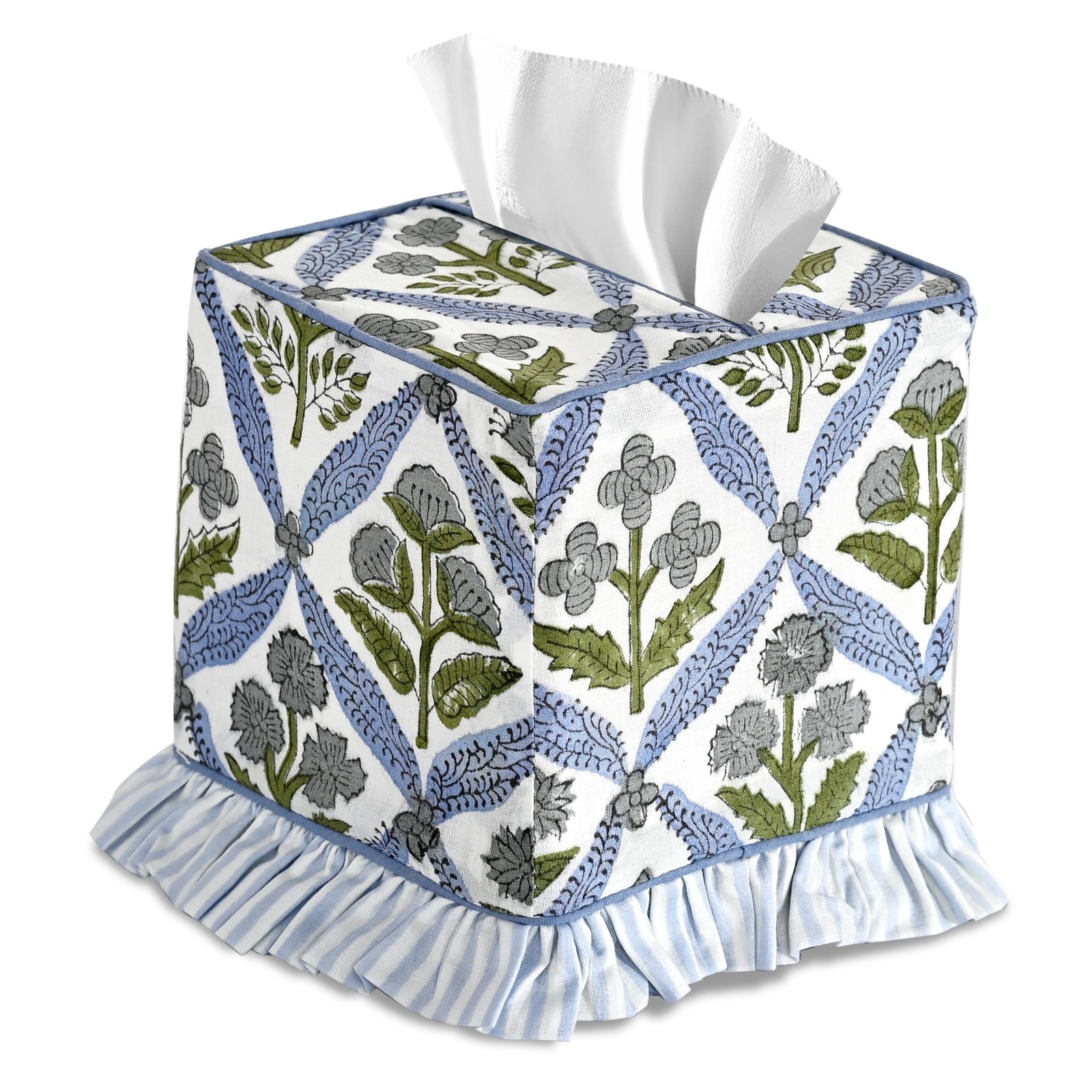 Light Steel Blue Block Print Ruffle Tissue Box Cover Handmade Cotton Decorative gallery