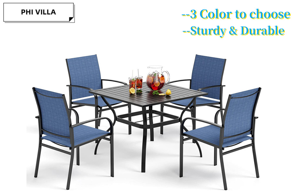 PHI VILLA 5 Piece Patio Dining Set with Umbrella Hole Outdoor Table for Garden