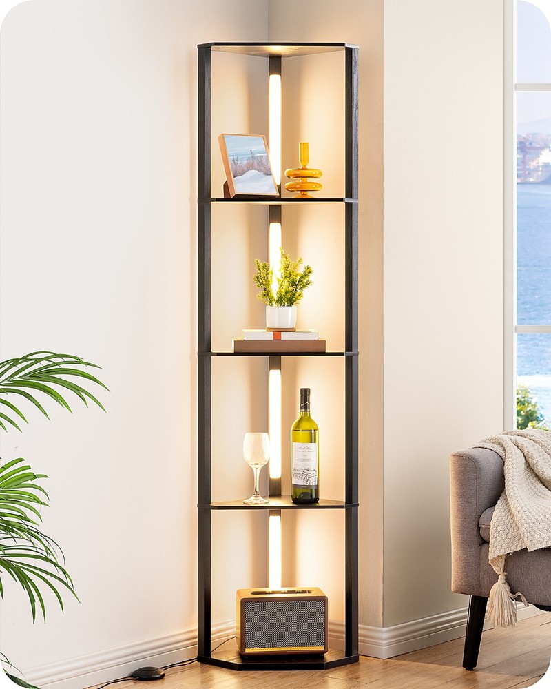 DEWENWILS 64" Corner Display Shelf with Light, Modern Corner Floor Lamp
