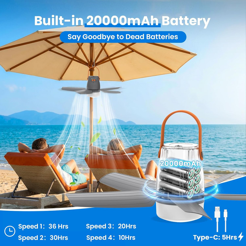 20" Portable Ceiling Fan with Light & Remote,20400Mah Battery Operated Outdoor C gallery