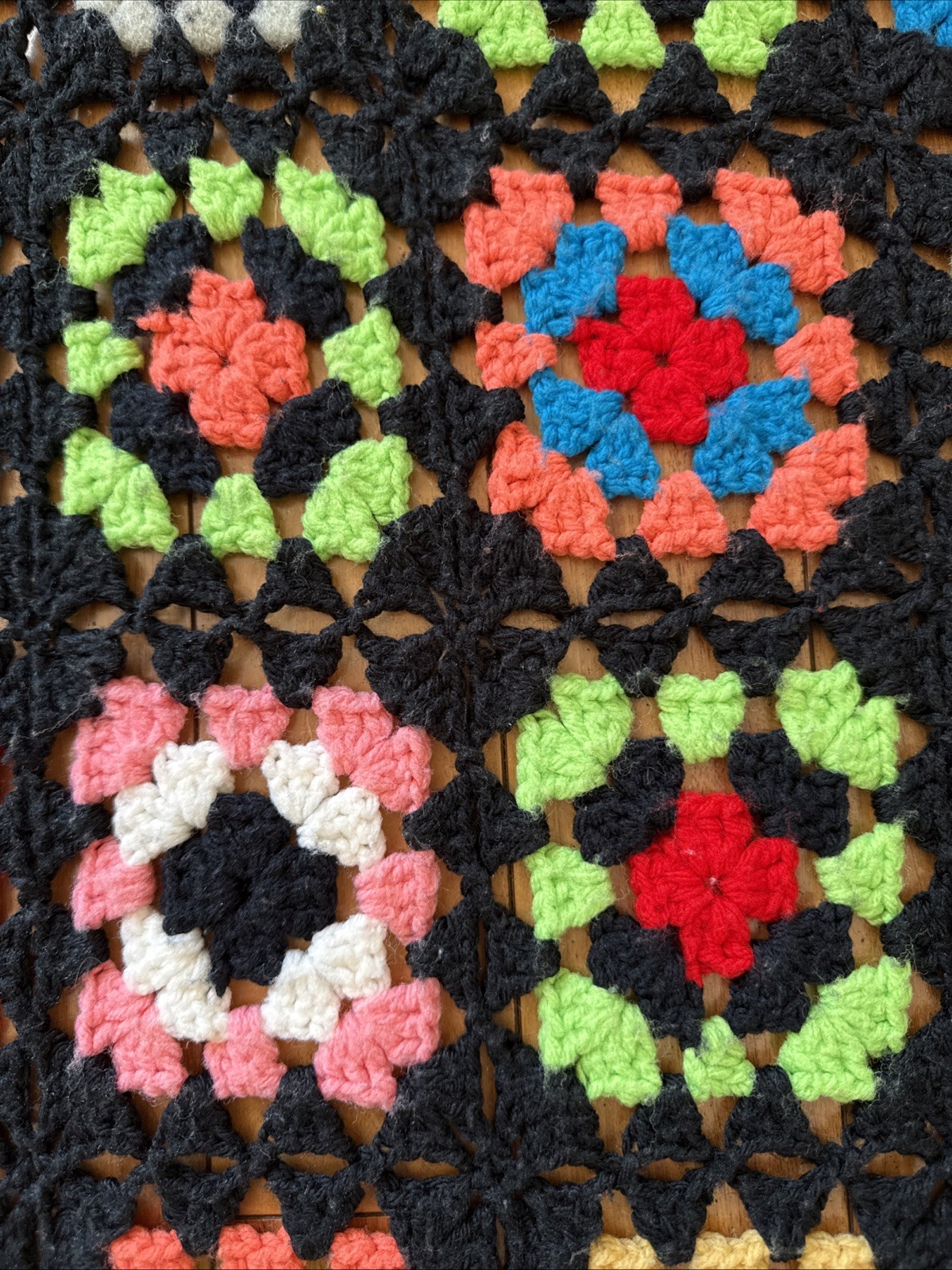 Handmade Vtg Crochet Granny Square Afghan Blanket Black 42x60 Multicolor 1970s gallery