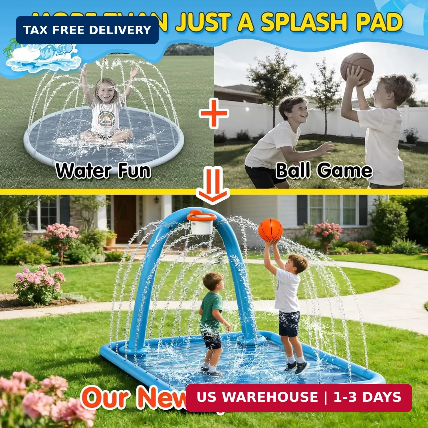 Instraella Splash Pad, 110x91'' 2-in-1 Large Sprinkler Mat with Basketball Hoop gallery