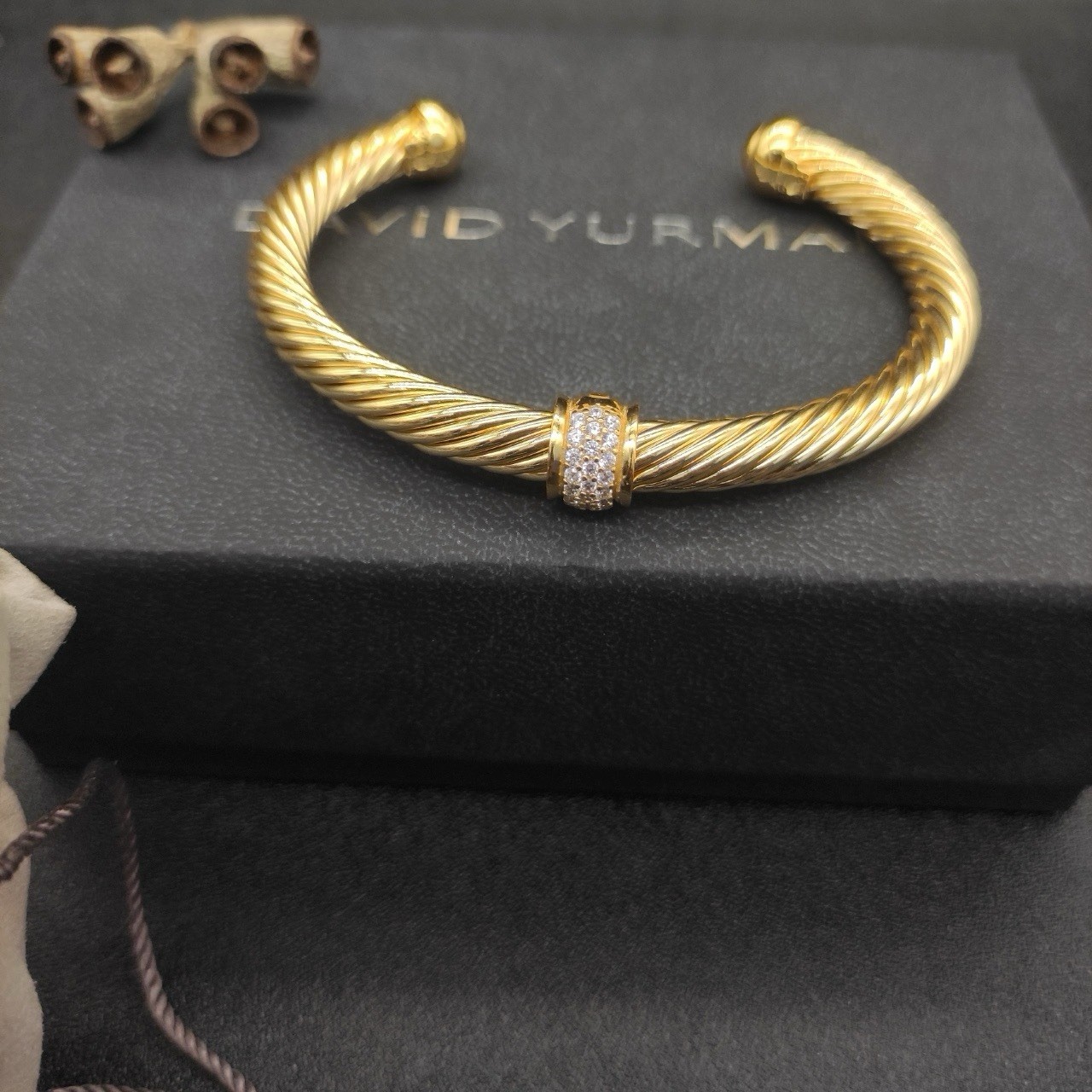 David Yurman 18K Yellow Gold Cable Cuff Bracelet w/ Round Diamond Pavé gallery