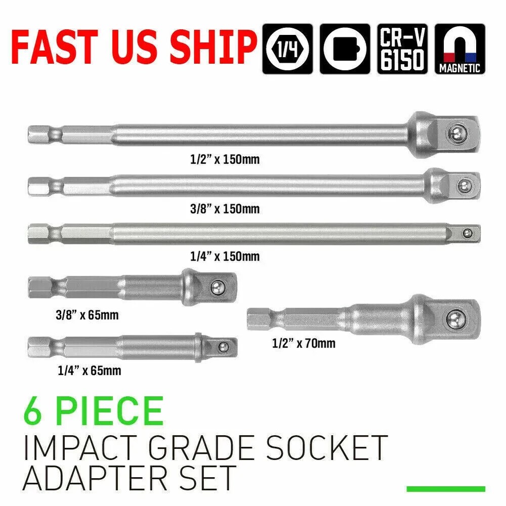 6 pc 6" & 3" Impact Grade Socket Adapter Set 1/4" 3/8" 1/2" Drive 1/4" Hex Shank